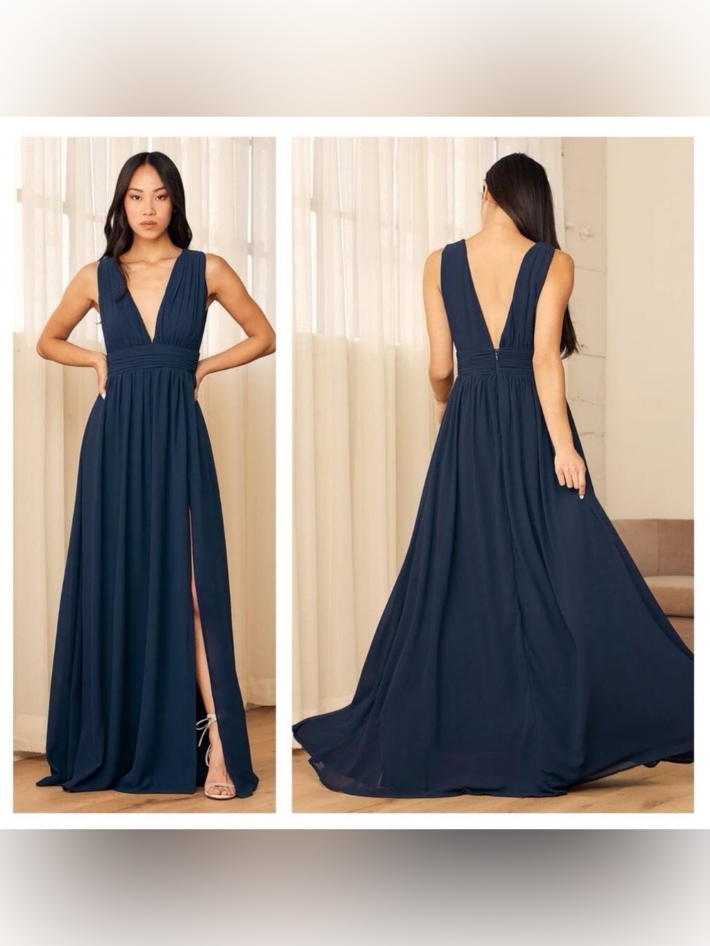 Lulu's “Heavenly Hues” Navy Plunge V-Neck Long Formal Dress with Side Slit
